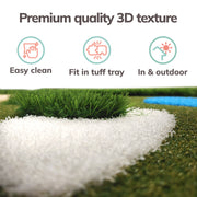 Artificial grass with text highlighting features like easy clean, fit in tuff tray, and suitability for indoor and outdoor use.